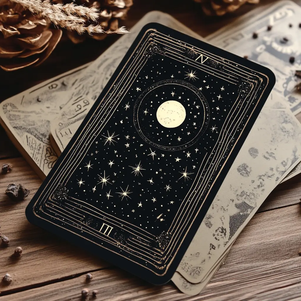 Ajrain tarot card with stars and moon more black and mute color ac6ddc6d 556f 48d8 9902 e3b043d4b220